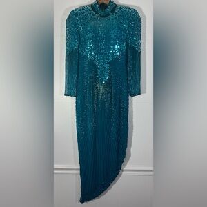 VTG A.J. Bari Silk Turquoise Sequin Beaded Gown